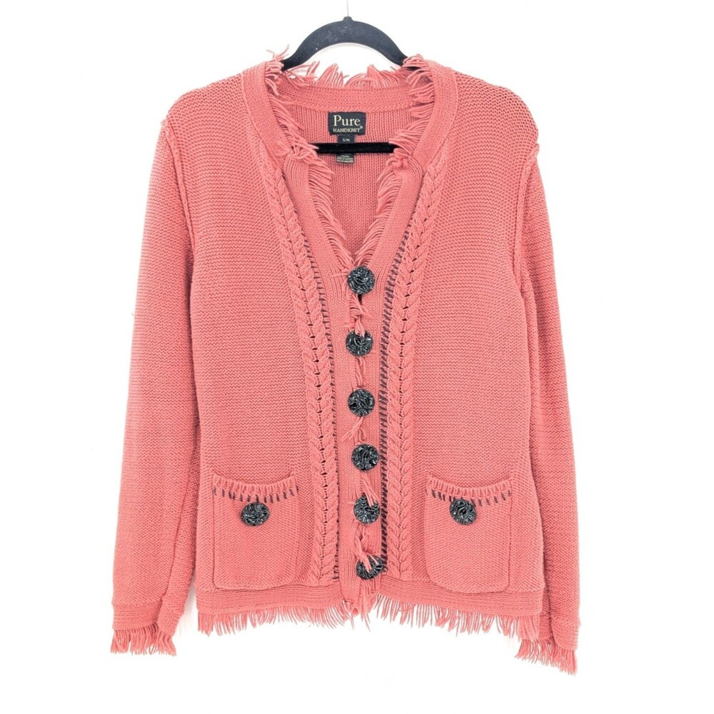 Pure Handknit 100% Cotton Pink Orange Boho Fringe Knit Cardigan Sweater S/M